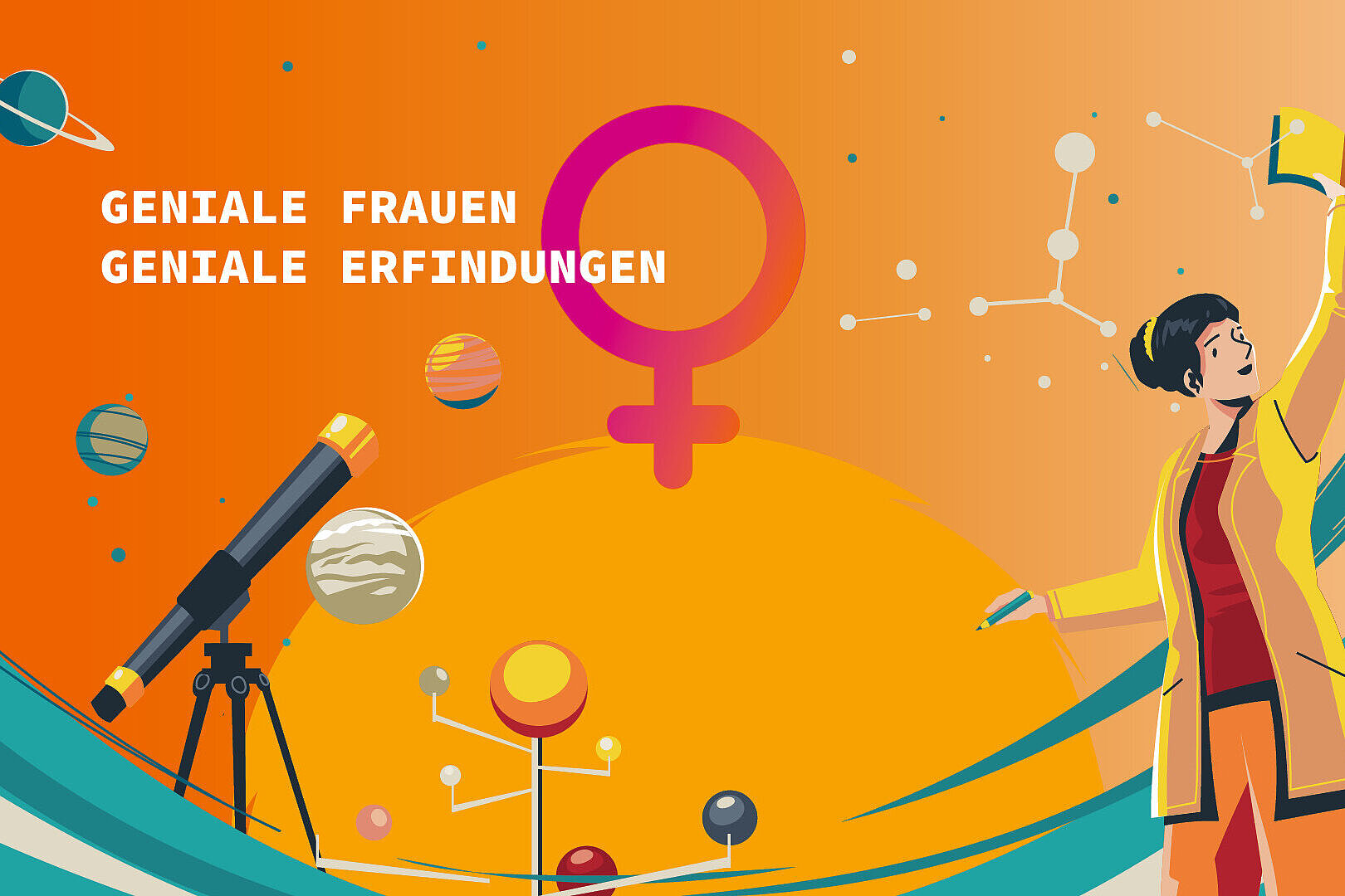 Zeichnung einer Forscherin und verschiedener wissenschaftlicher Objekte
