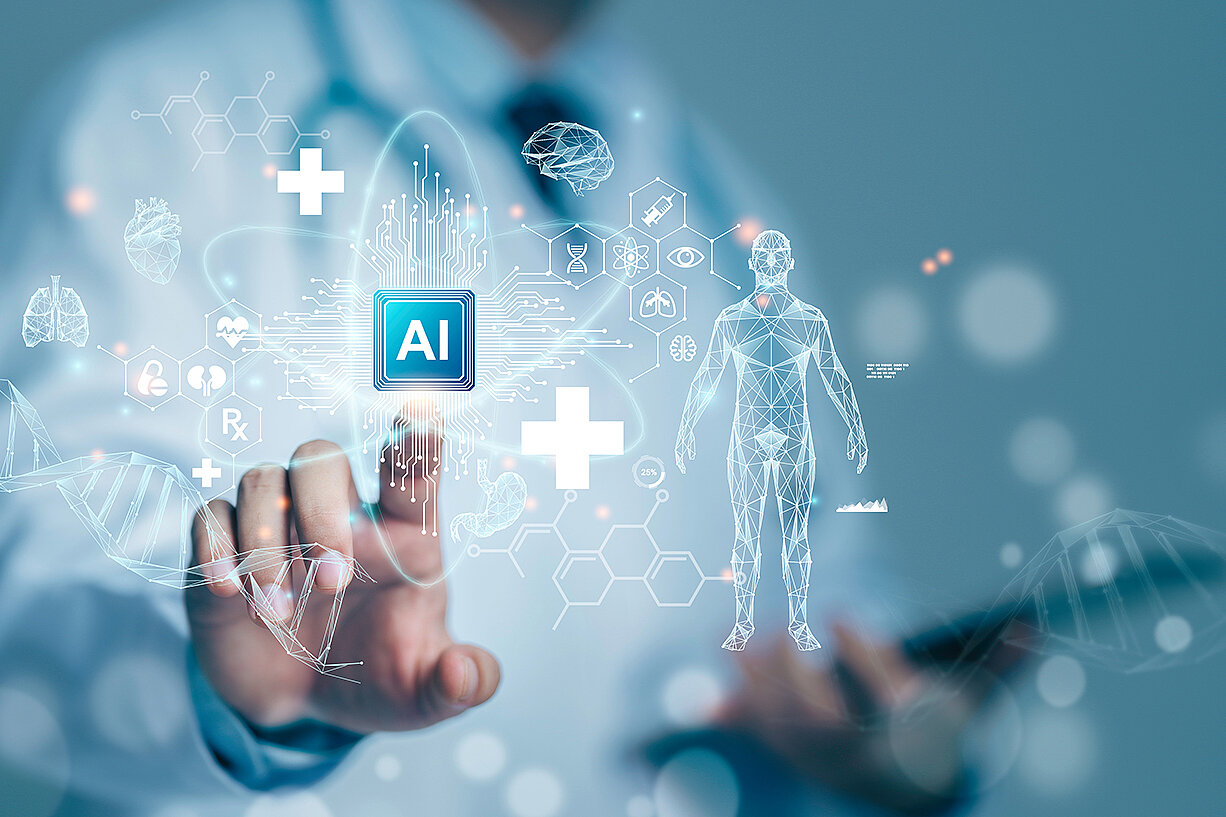 Futuristic stock photo: Doctor pressing AI button