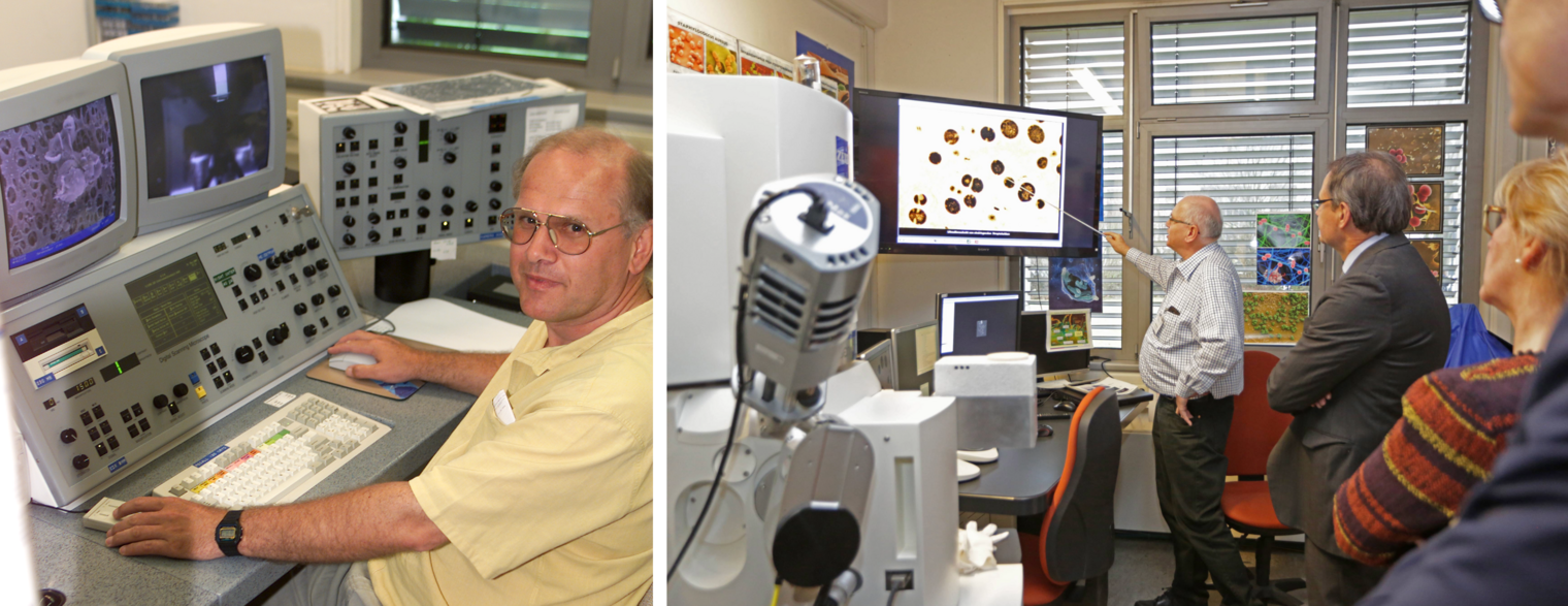 Manfred Rhode im Einsatz am Elektronenmikroskop 1998 (links) und mit Besuchern am heutigen Gerät (rechts).