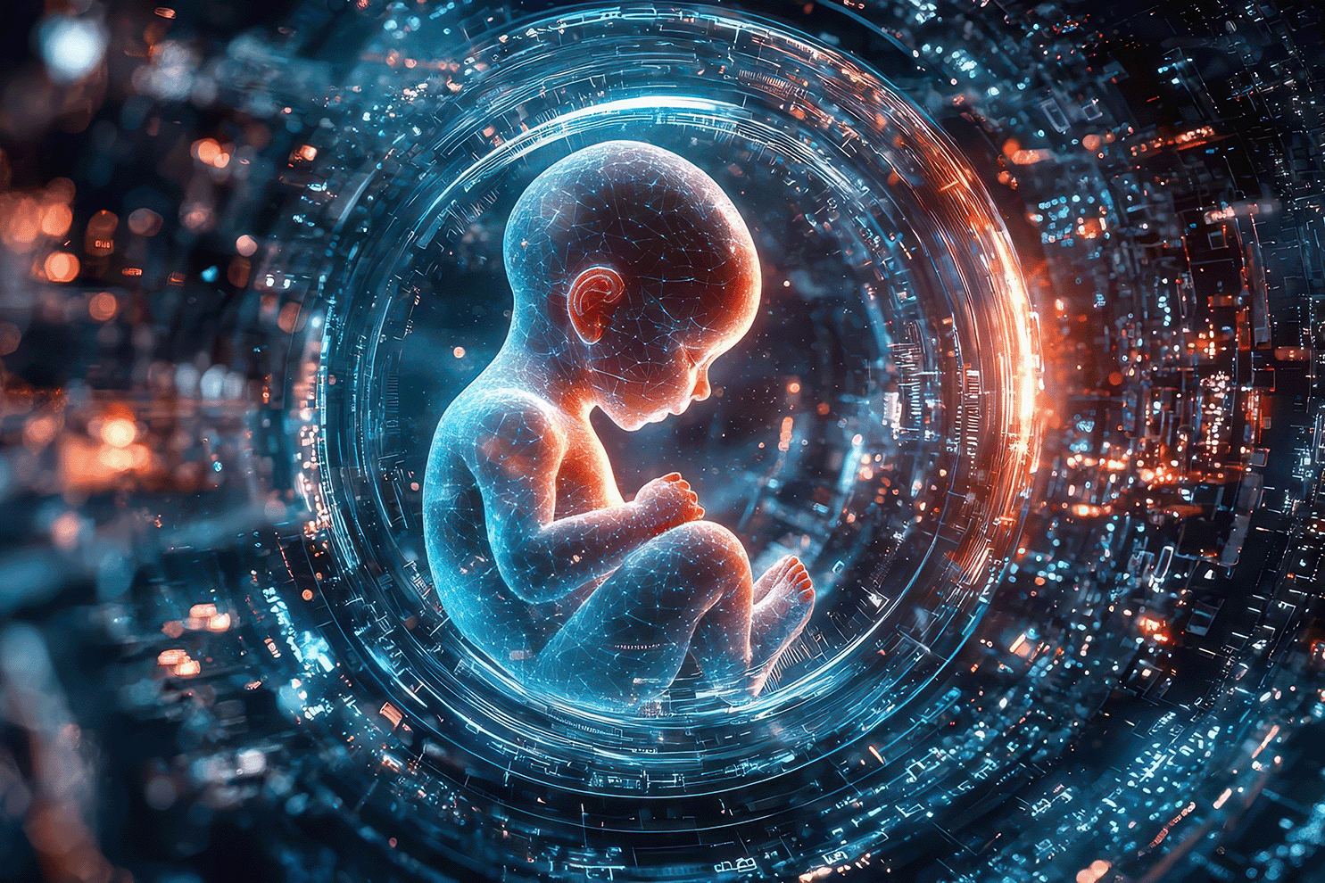 Symbolbild eines Babys in einer Blase aus technischen Partikeln 