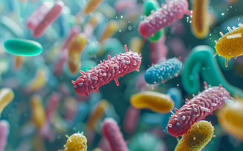 Digital illustration of various rod-shaped bacteria in different colors