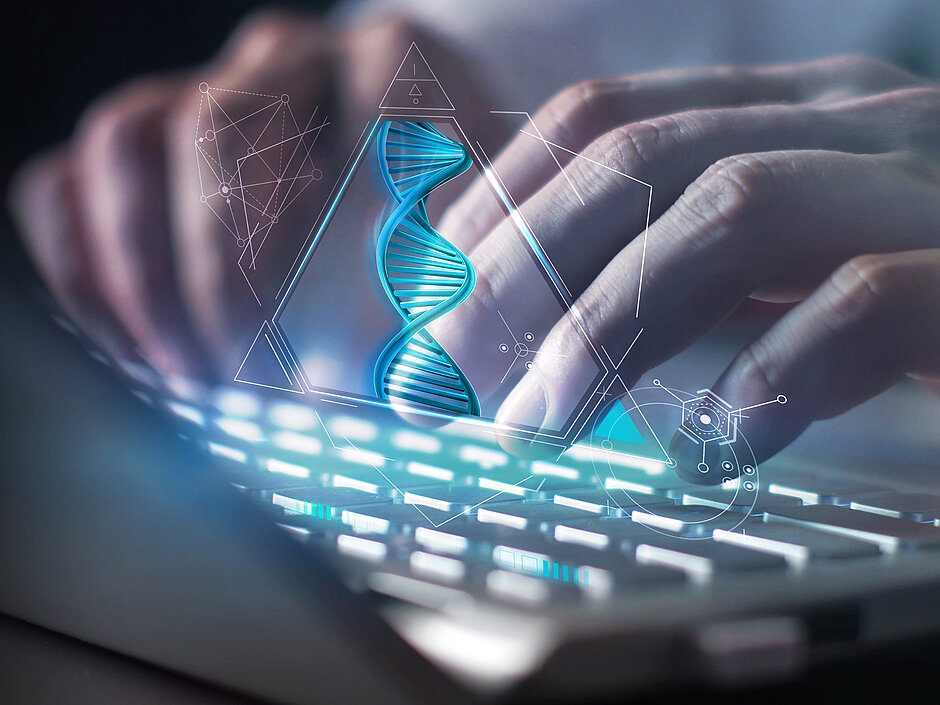 Generiertes Bild Laptop mit DNA-Grafik Einblendung