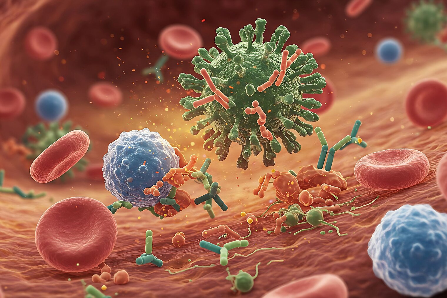 Immunzellen und Antikörper, die ein Virus bekämpfen.