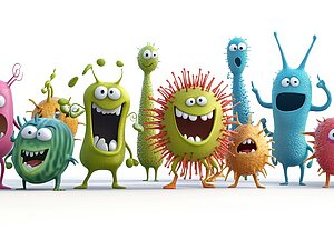 Comichafte Darstellung von 11 Mikroben in verschiedenen Farben und Formen