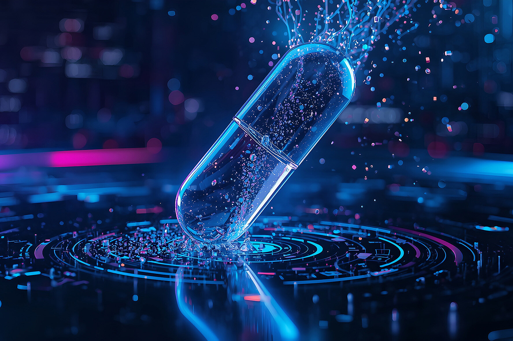 Futuristische transparente Medikamentenkapsel mit leuchtenden digitalen Datenpartikeln