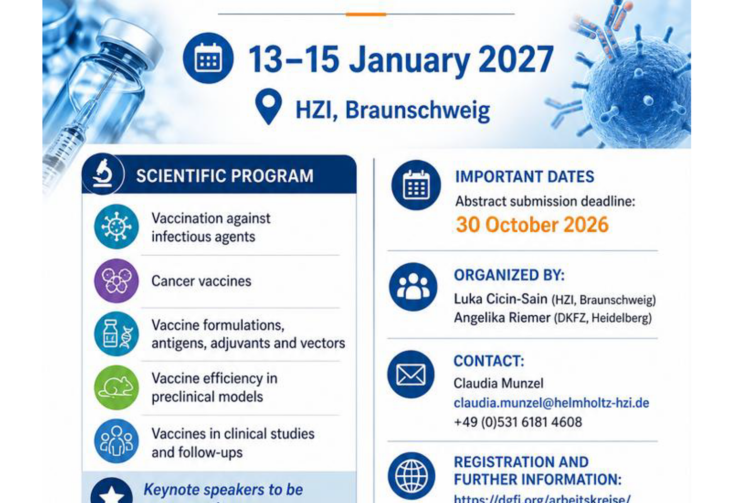 Flyer for the Annual Meeting of the AK Vakzine (Study Group Vaccines) of the DGfI (German Society for Immunology), 13–15 January 2027 at the HZI in Braunschweig. The DGfI and HZI logos appear at the top. The main image shows a blue vaccine vial with a syringe and a blue virus particle with antibodies. The scientific programme covers five topics: vaccination against infectious agents, cancer vaccines, vaccine formulations, antigens, adjuvants and vectors, vaccine efficacy in preclinical models, and vaccines in clinical studies and follow-ups. The abstract submission deadline is 30 October 2026. QR code linking to the registration page is at the bottom right.