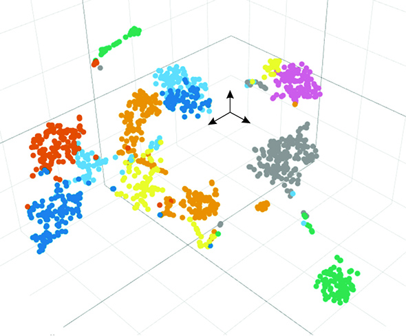 AESDarstellung des Fingerabdrucks der Genexpression jeder einzelnen Zelle in einer dreidimensionalen Projektion nach bioinformatischer Analyse zur Identifizierung des jeweiligen Zellphänotyps. 